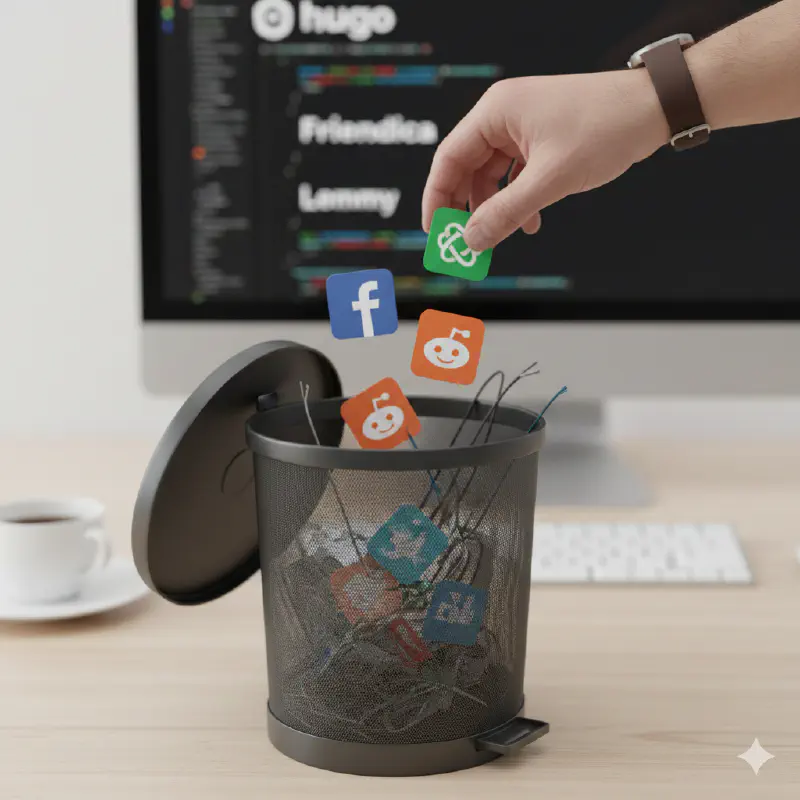A hand decisively drops the Facebook, Matrix, and Reddit logos into a desk-side trash can, while a computer monitor in the background displays a Hugo project with the names Friendica and Lemmy.